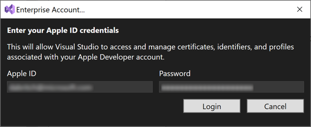 Aggiungere un account sviluppatore Apple aziendale a Visual Studio.