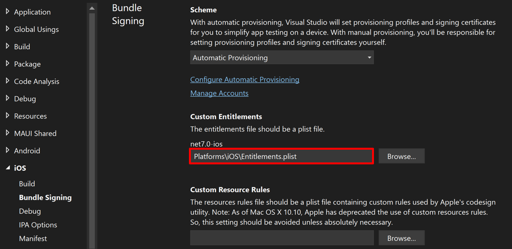 Set di campi entitlement personalizzati di Visual Studio.