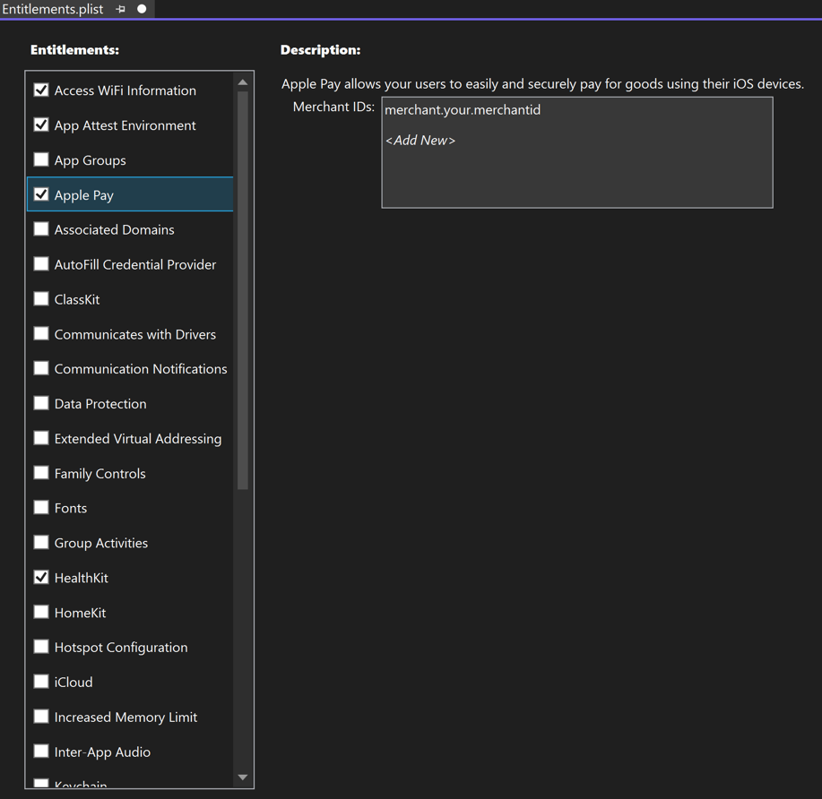 Editor entitlement per iOS di Visual Studio.