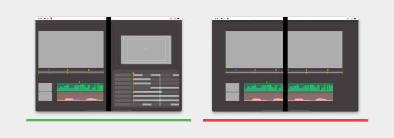 Diagram shows an app with one screen for content and another for palettes or controls, with no content under the hinge.