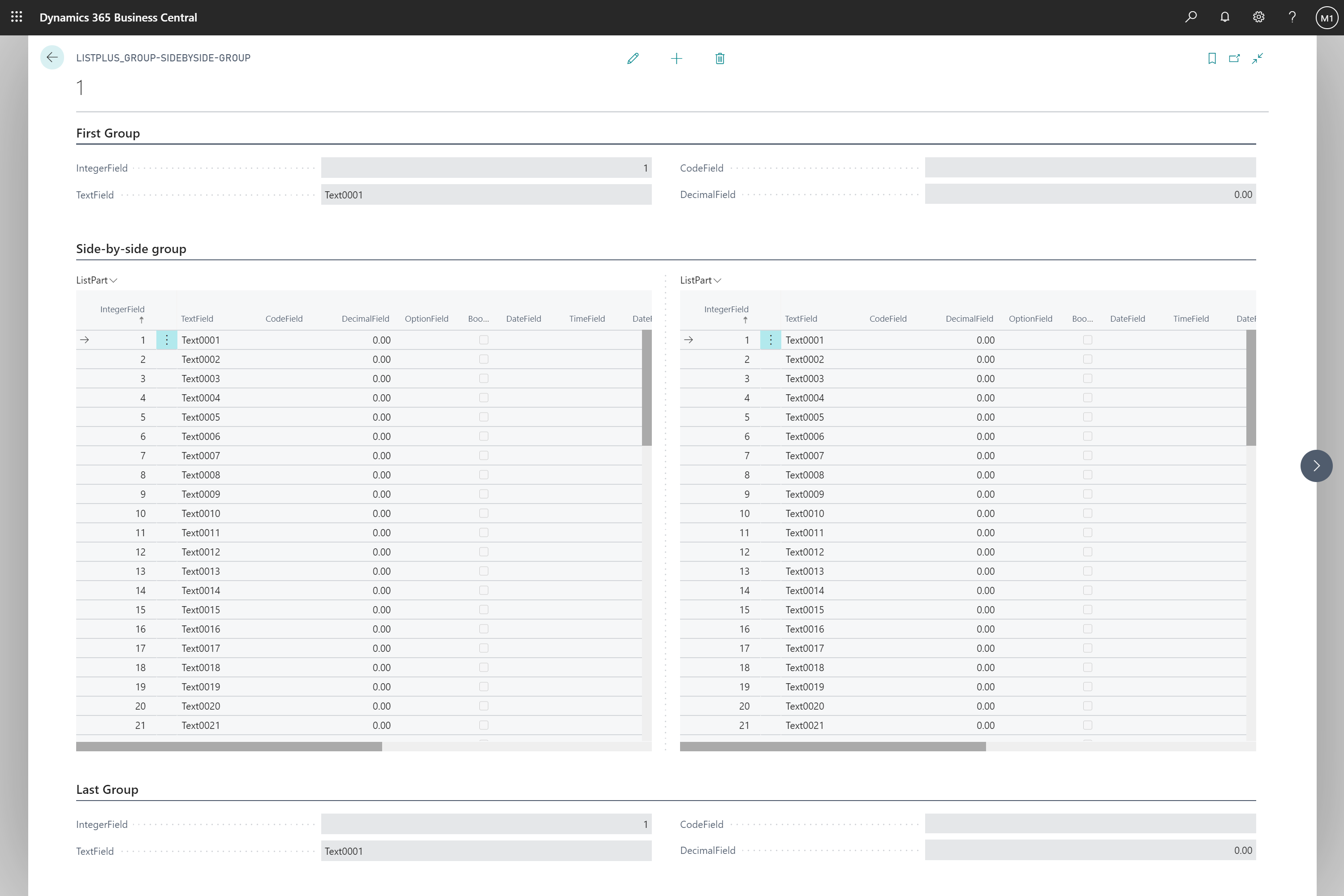 Pagina ListPlus di esempio che mostra più ListParts