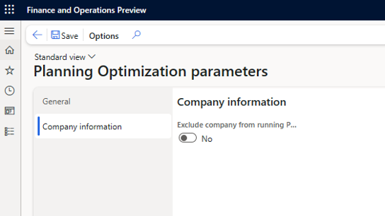 Screenshot che mostra l'opzione per escludere l'azienda dall'esecuzione del parametro di Ottimizzazione pianificazione