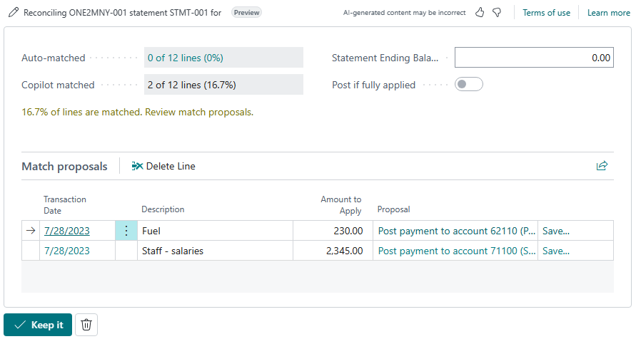 Screenshot che mostra la finestra Proposte Copilot per la registrazione delle differenze nei conti C/G.