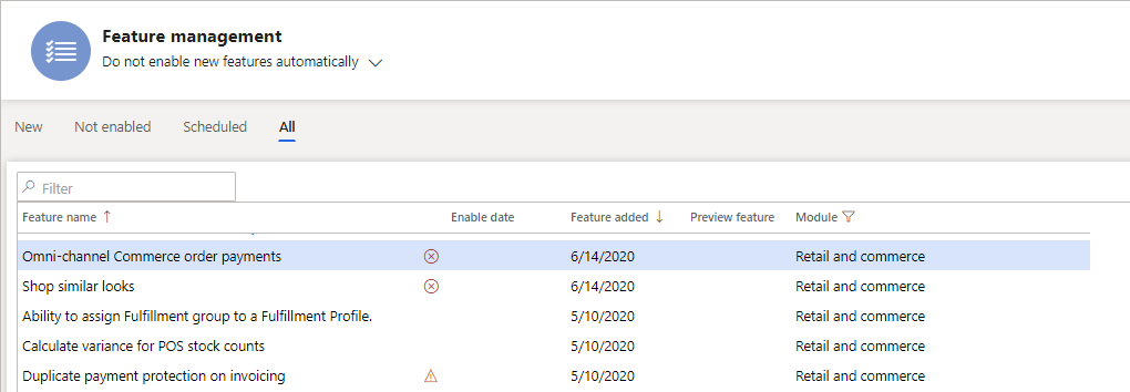 Omni-channel Commerce order payments feature in the Feature management workspace.