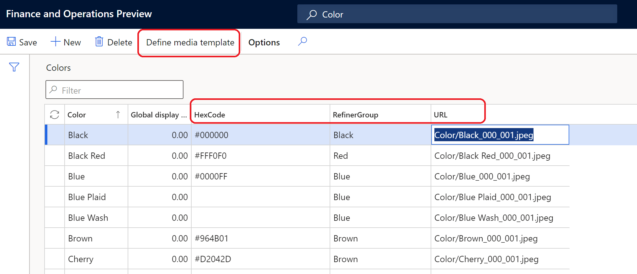 Esempio di configurazione delle dimensioni nella pagina Colori.