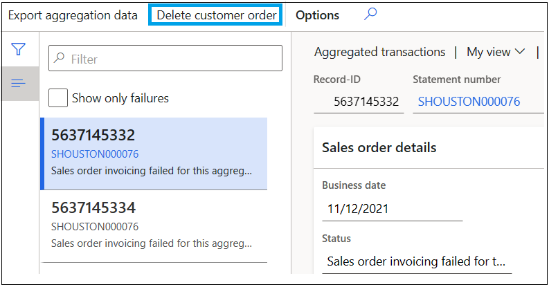 Pulsante Elimina ordine cliente nella vista delle transazioni aggregate.