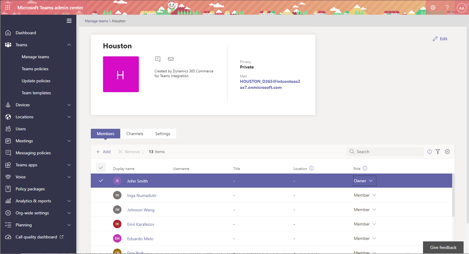 Membri del team e ruoli utente nell'interfaccia di amministrazione di Microsoft Teams.