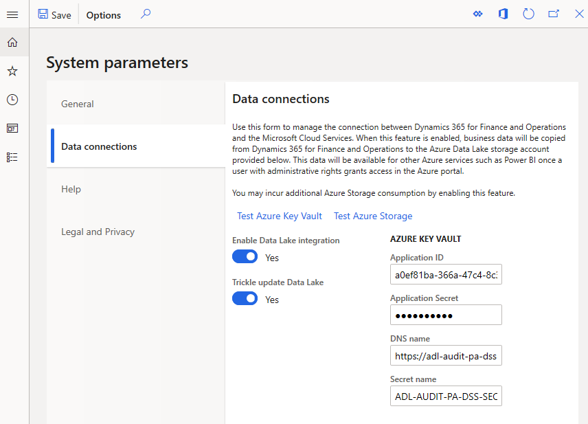 Esempio dI configurazione Azure Data Lake Storage.