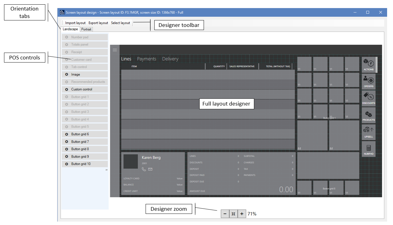 Designer layout POS completo (modalità orizzontale).