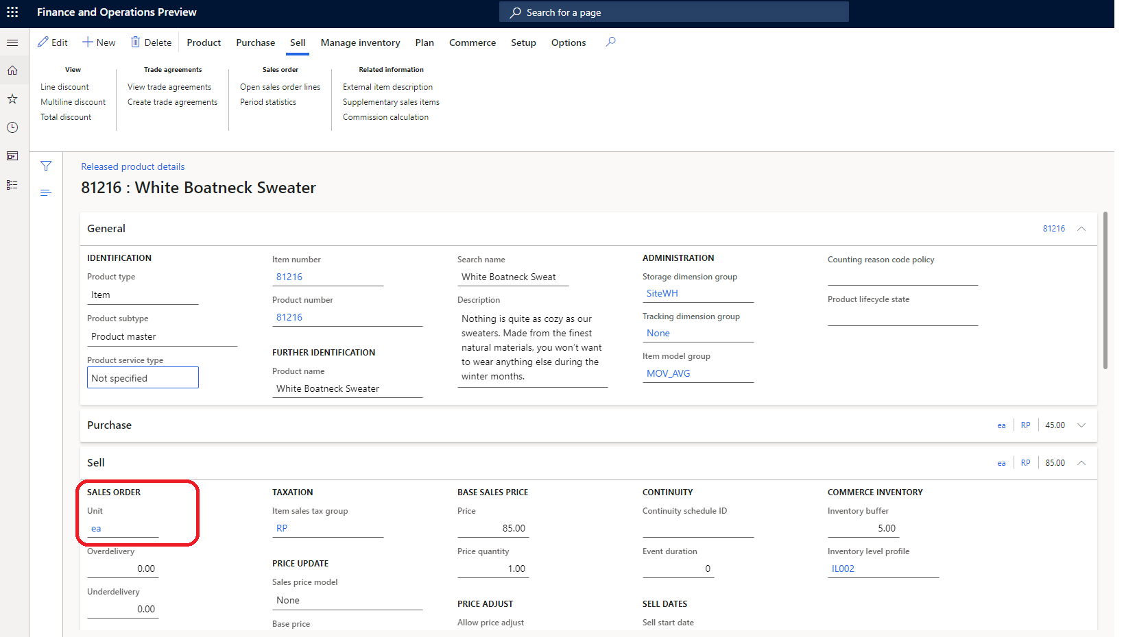 Esempio di un prodotto configurato con un'unità di misura in Commerce Headquarters.