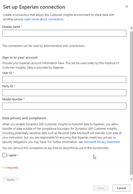 Riquadro di configurazione della connessione di Experian.