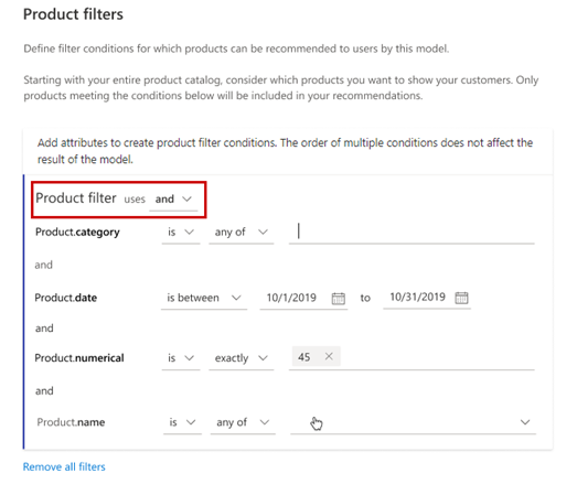 Configurazione di esempio dei filtri di prodotto combinati con connettori logici AND.