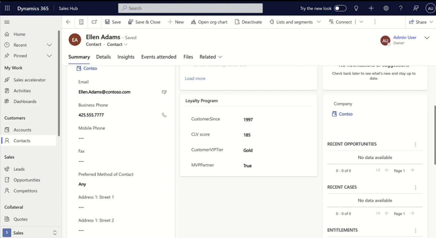 Interfaccia utente di Dynamics 365 Sales con dati sulla fedeltà provenienti da Customer Insights.