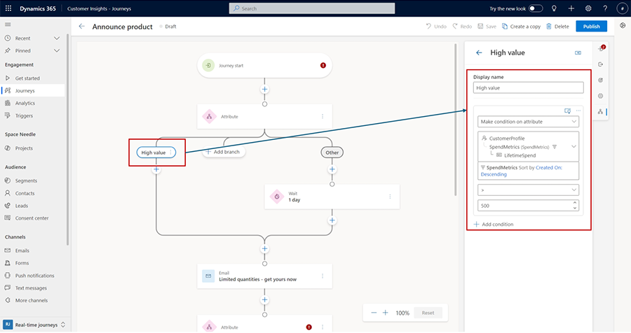 Screenshot della navigazione delle misure Customer Insights - Data per contenuti condizionali.