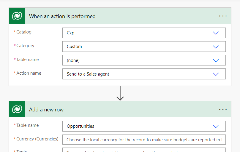 Screenshot dell'aggiunta di passaggi a un flusso Power Automate.