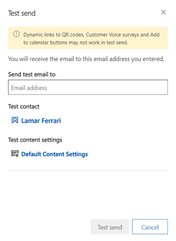 Finestra di dialogo di invio di prova del messaggio e-mail.