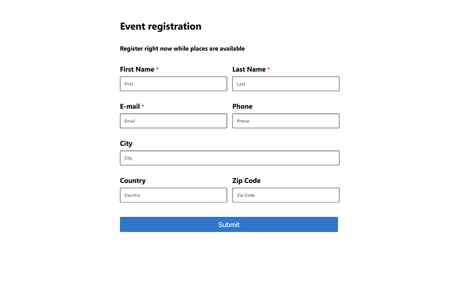 Esempio di modulo di registrazione evento.