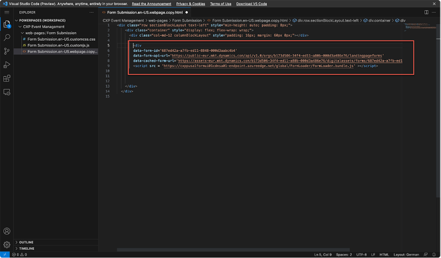 Screenshot che mostra l'inserimento del codice generato in Visual Studio Code.