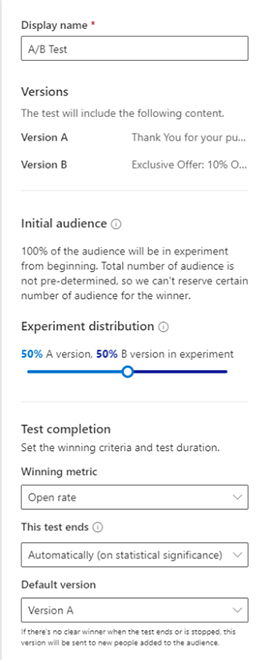 Il pannello laterale del test A/B è configurato e pronto per la creazione del percorso