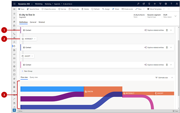 Elementi dell'interfaccia utente di progettazione dei segmenti per combinare blocchi di query.