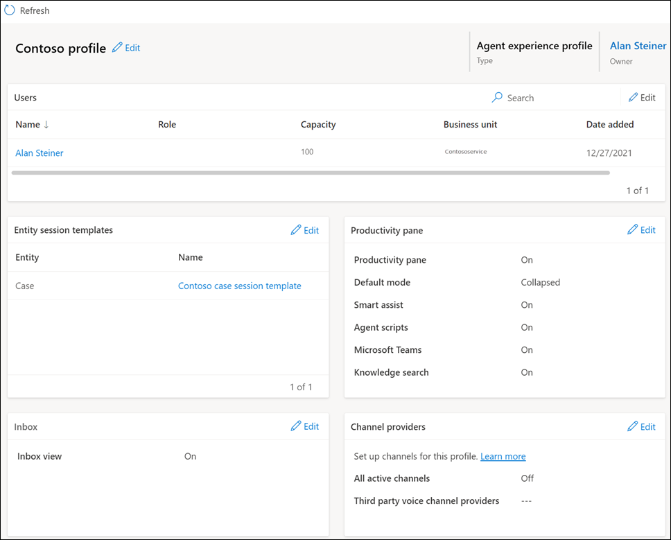 Il profilo dell'esperienza dell'agente con le impostazioni configurate in Interfaccia di amministrazione Customer Service.