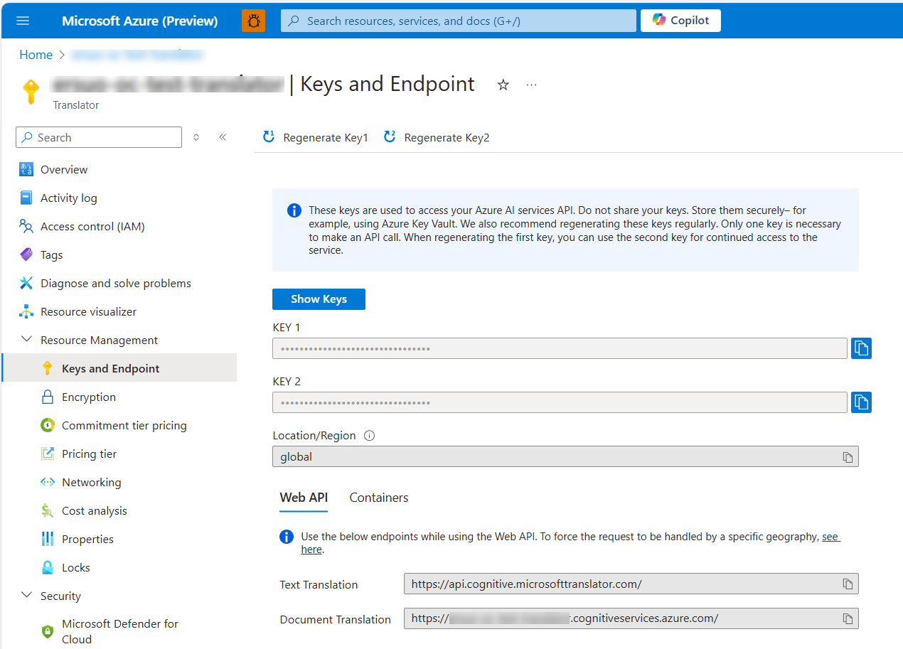 Screenshot dell'impostazione dei servizi di traduzione di Azure endpoint su globale