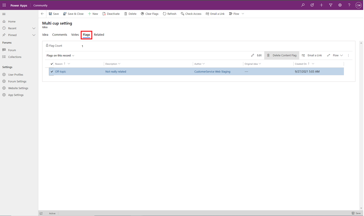 Seleziona la scheda Flag in Customer Service Community.