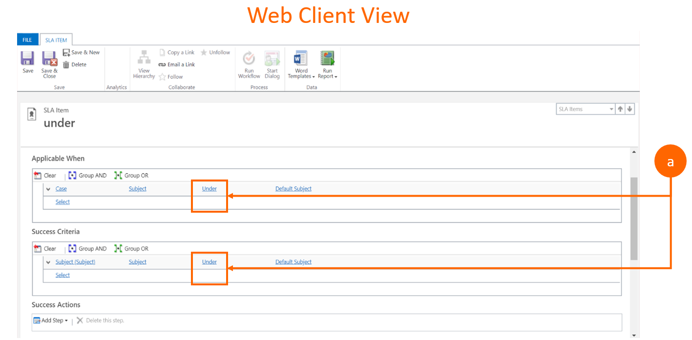 Screenshot della visualizzazione del client Web di pre-migrazione in cui una condizione utilizza gli operatori under.