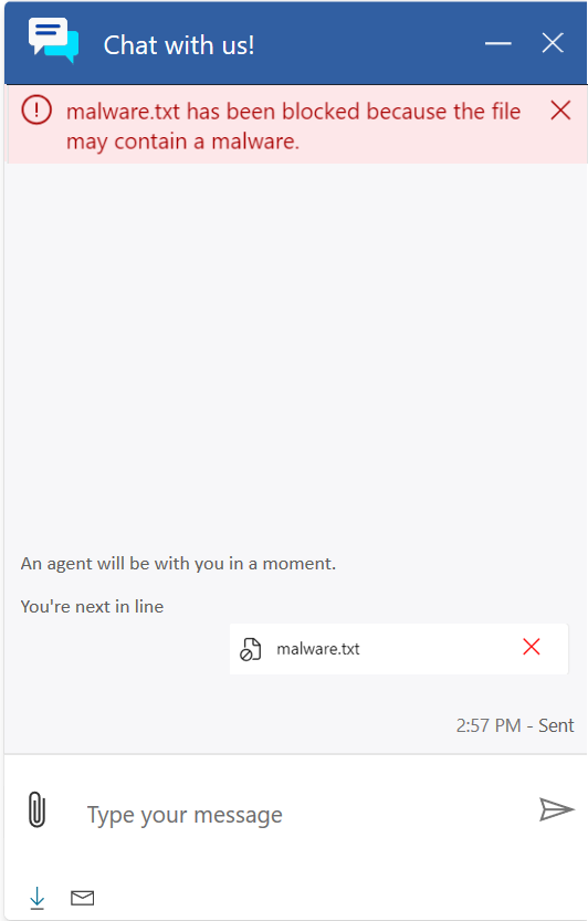 Screenshot del messaggio che appare quando i clienti caricano file dannosi utilizzando la chat.