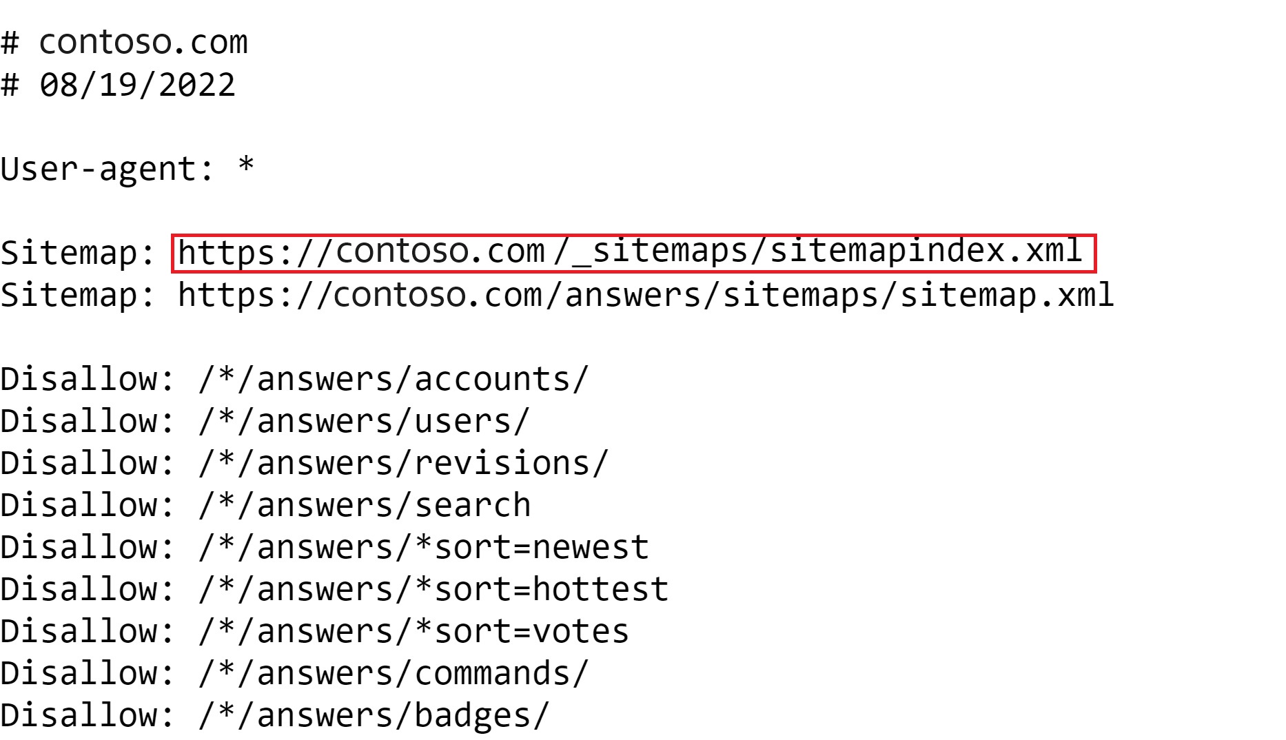 Lo screenshot mostra un esempio del file robots.txt.