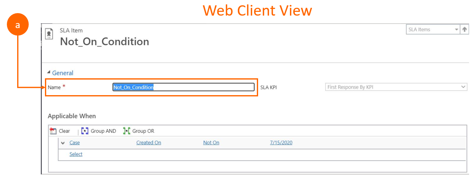 Screenshot della visualizzazione del client Web di pre-migrazione di un elemento con un operatore Not-on per un campo DateType.