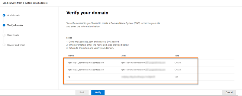 Valori per creare record DNS.