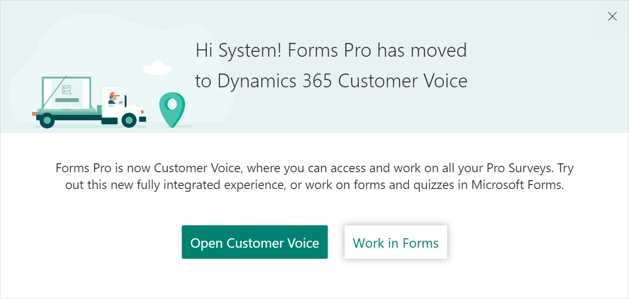 Messaggio relativo al passaggio di Forms Pro a Dynamics 365 Customer Voice.