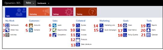 Mappa del sito dell'app Sales per Dynamics 365 Customer Engagement (on-premises).