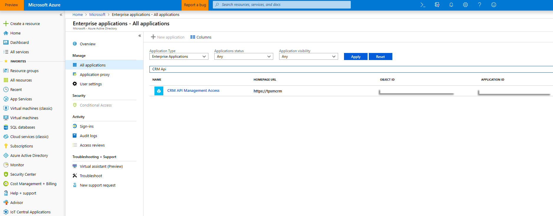 Screenshot dell'accesso API di CRM.