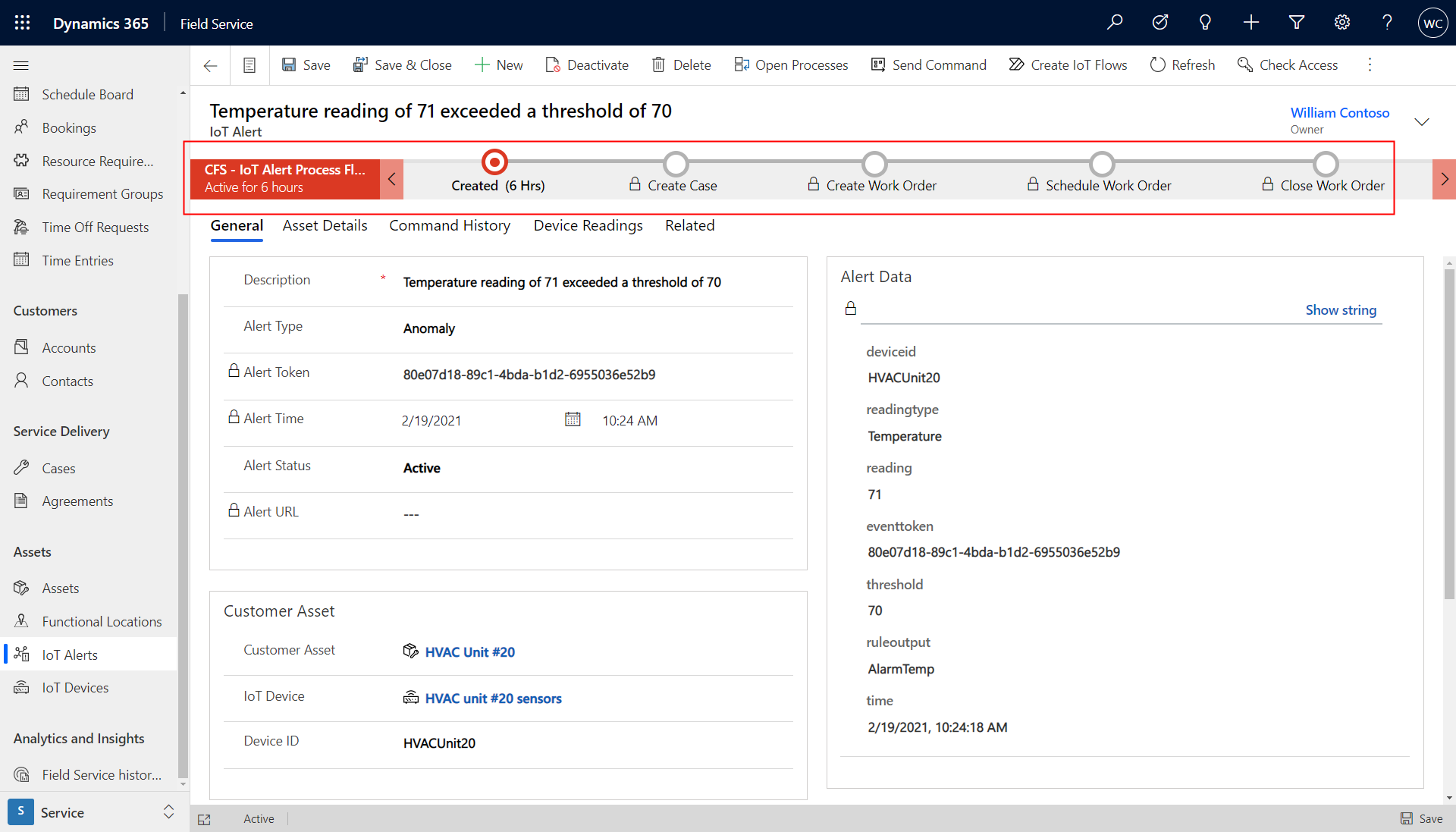 Screenshot di un avviso IoT in Field Service che evidenzia il processo aziendale.