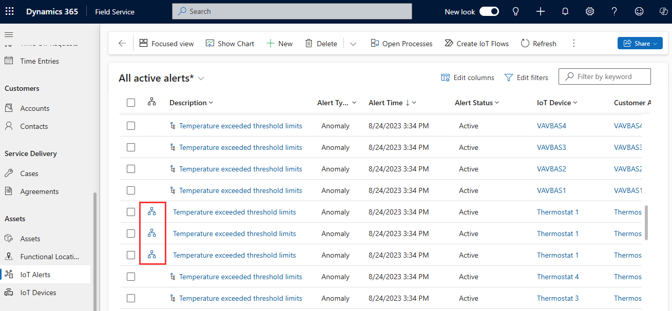 Screenshot degli avvisi IoT di Field Service, che mostra un'icona che indica che sono raggruppati.