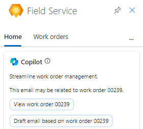 Screenshot del riquadro Field Service in Outlook, che mostra il pulsante Crea bozza e-mail basata sull'ordine di lavoro