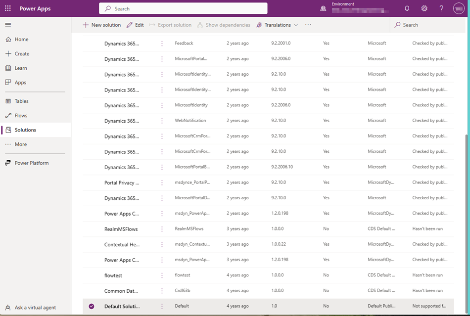 Screenshot di PowerApps che mostra la soluzione predefinita