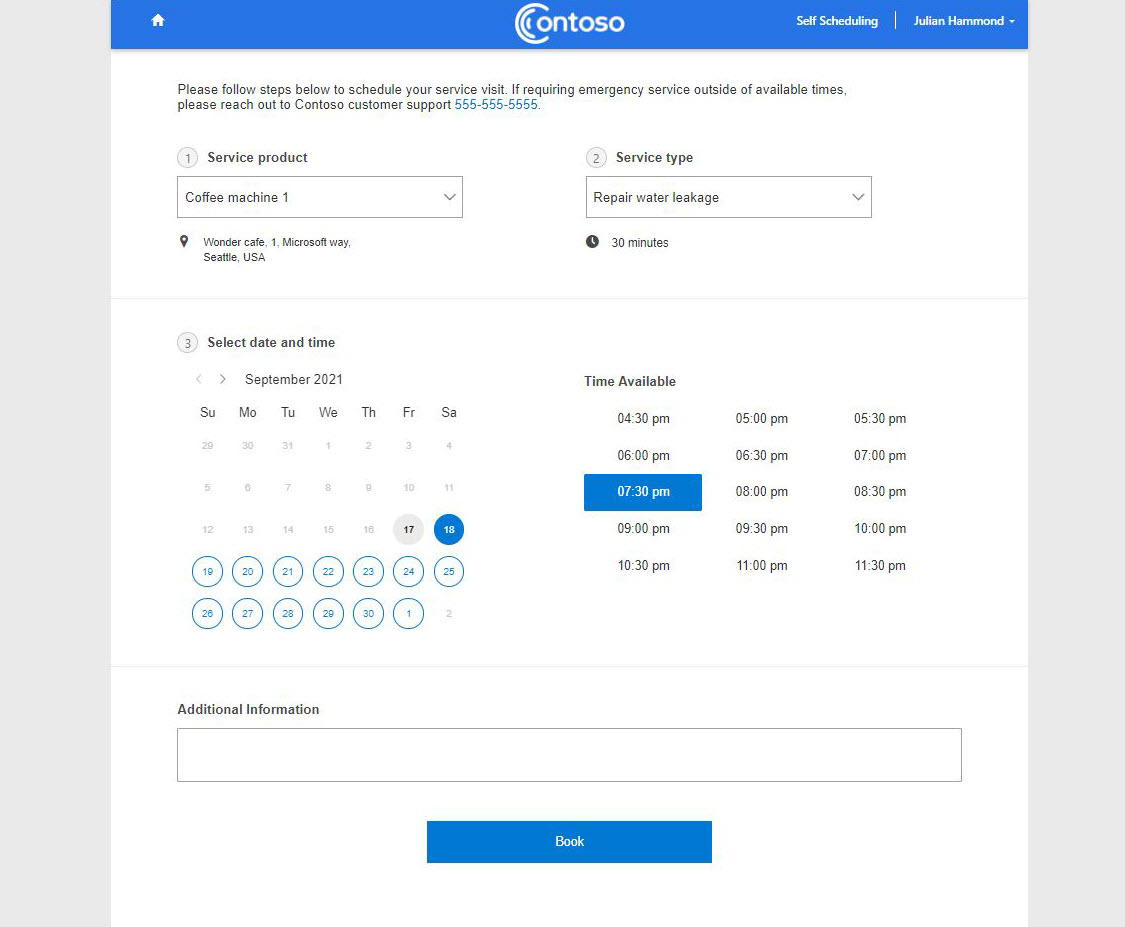 Pagina di auto-pianificazione del portale dell'esperienza cliente che mostra le opzioni di prenotazione.