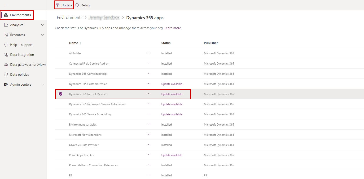 Screenshot delle app Dynamics 365 nell'interfaccia di amministrazione di Power Platform.