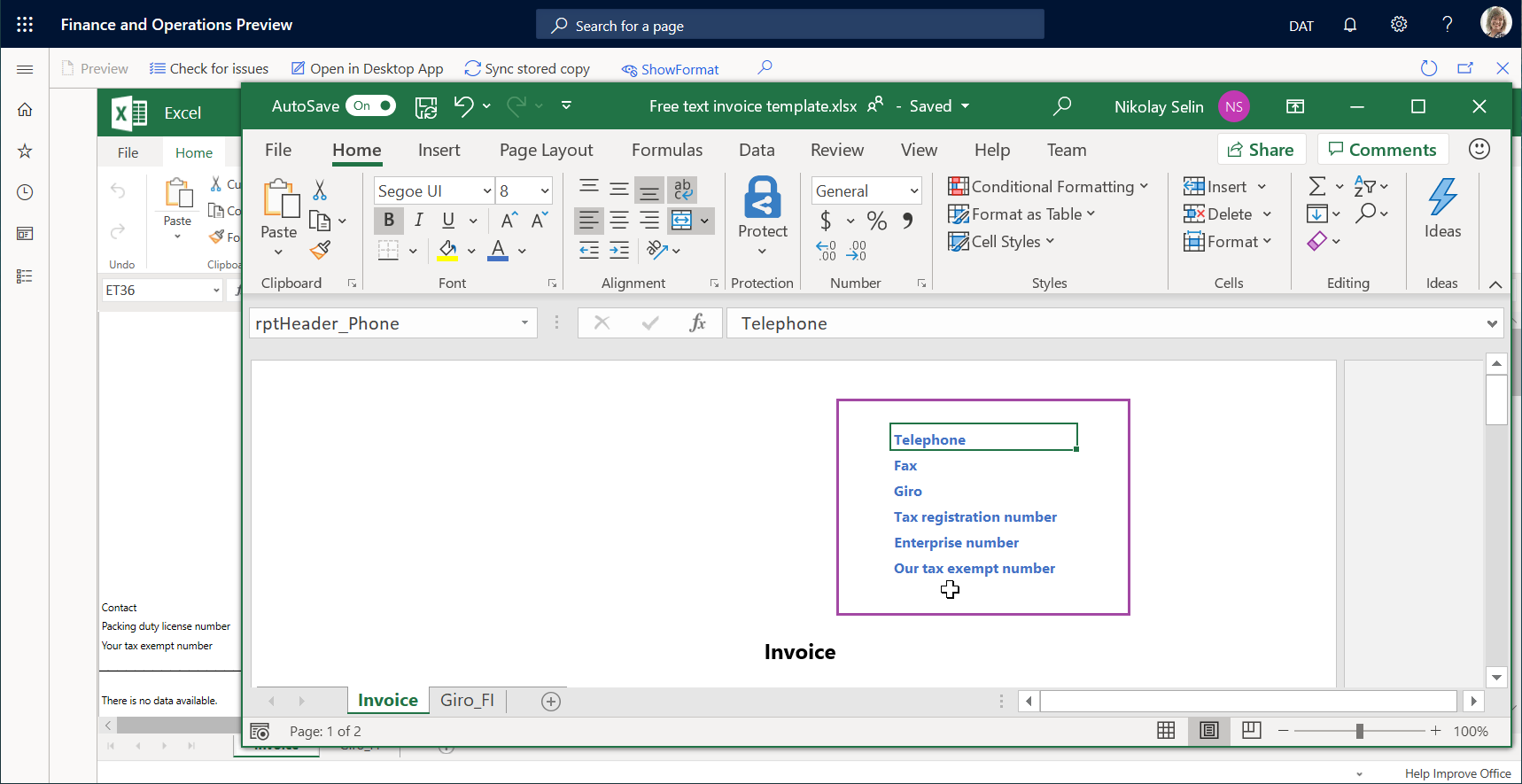 Modificare il colore del carattere nell'intestazione del modello utilizzando l'applicazione Excel desktop.