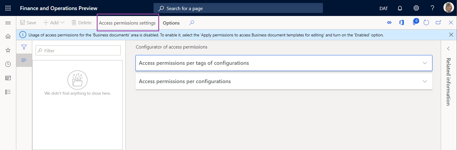 Configurazione della pagina delle autorizzazioni di accesso di Gestione documenti aziendali.