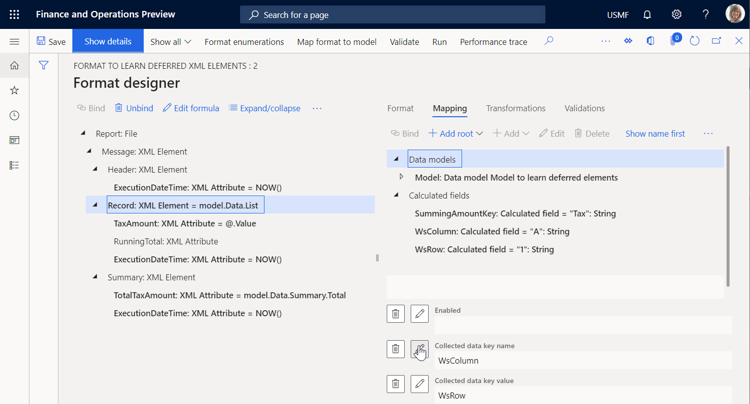 Registrare l'elemento XML nella pagina Progettazione formati.