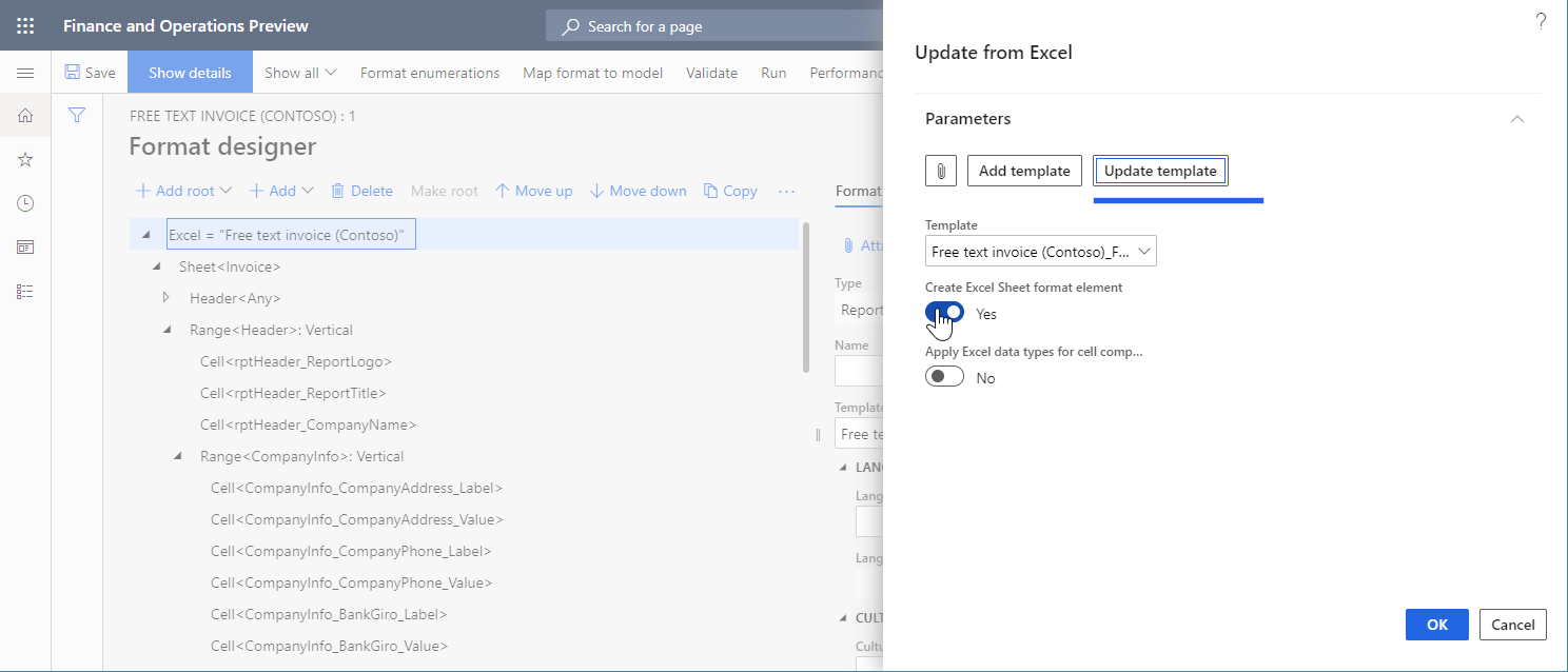 Creare l'opzione elemento formato del foglio di Excel nella finestra di dialogo Aggiorna da Excel.