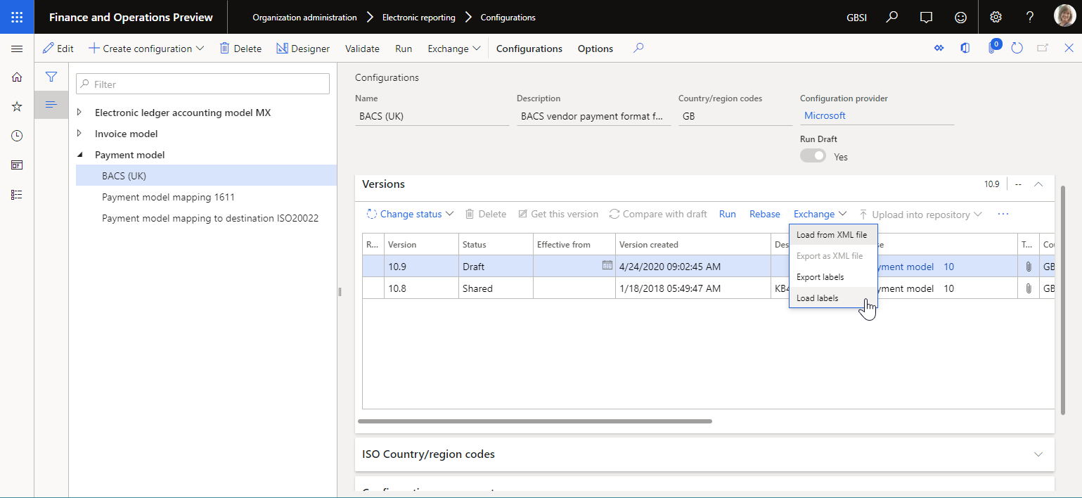 Pagina Configurazioni ER che consente di importare le etichette ER nella versione di configurazione selezionata.