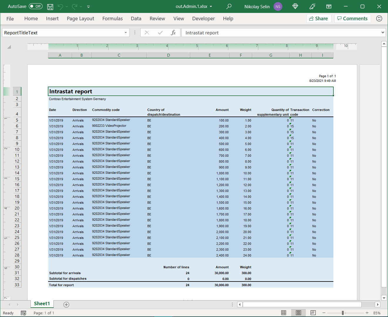 Documento Excel generato nell'applicazione desktop.