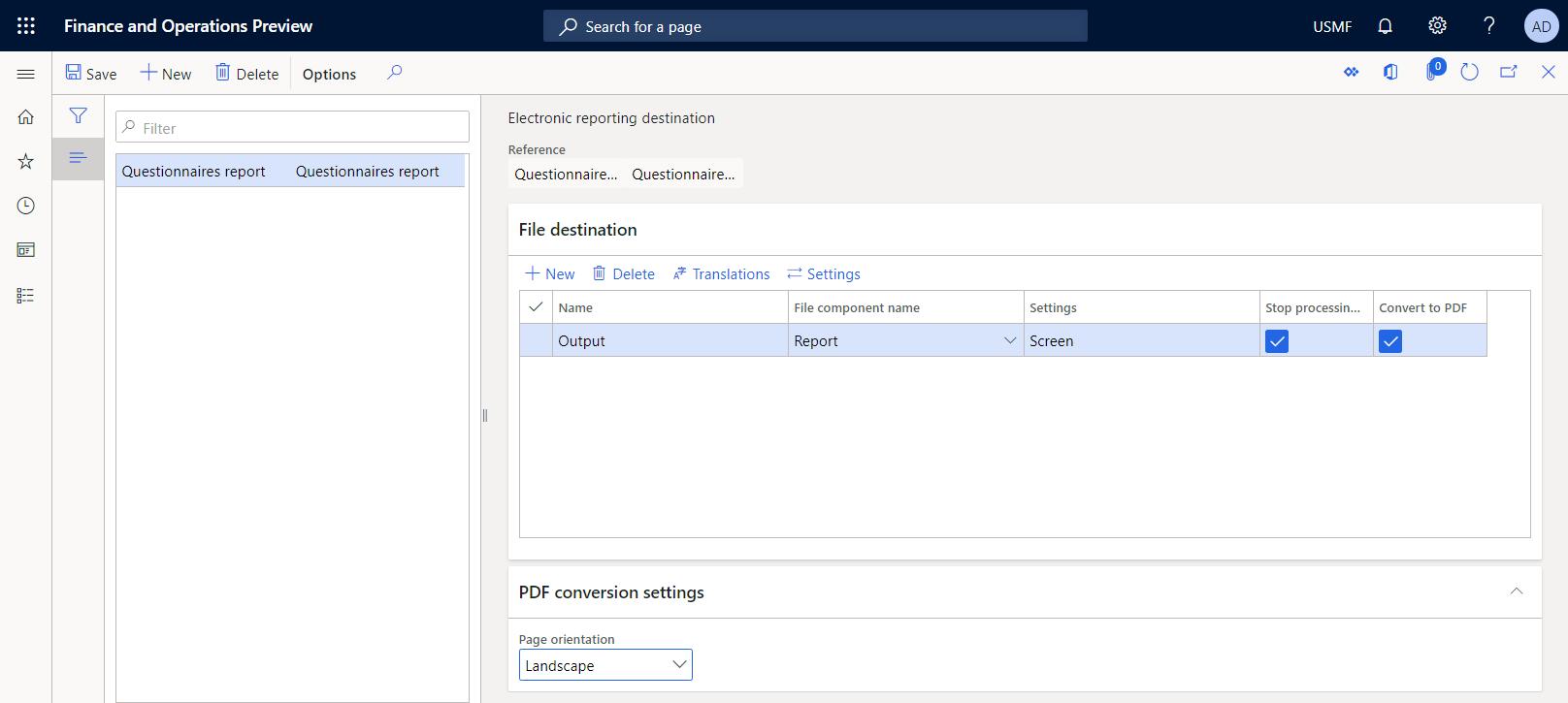 Configurazione della destinazione Schermata personalizzata per il formato ER nella pagina di destinazione Creazione di report elettronici.