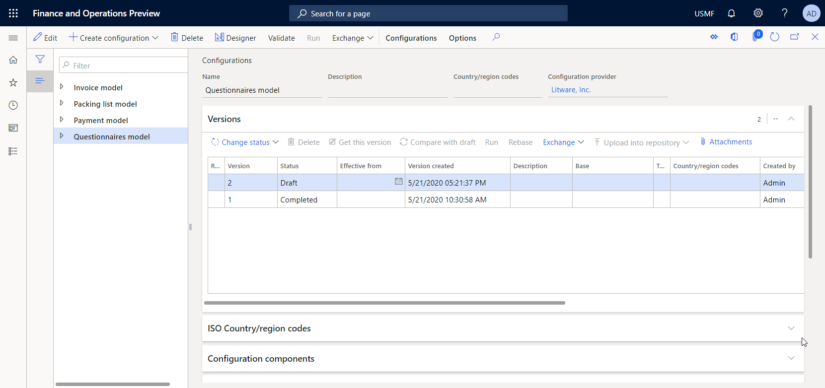 Versioni della configurazione modificabile nella pagina Configurazioni.