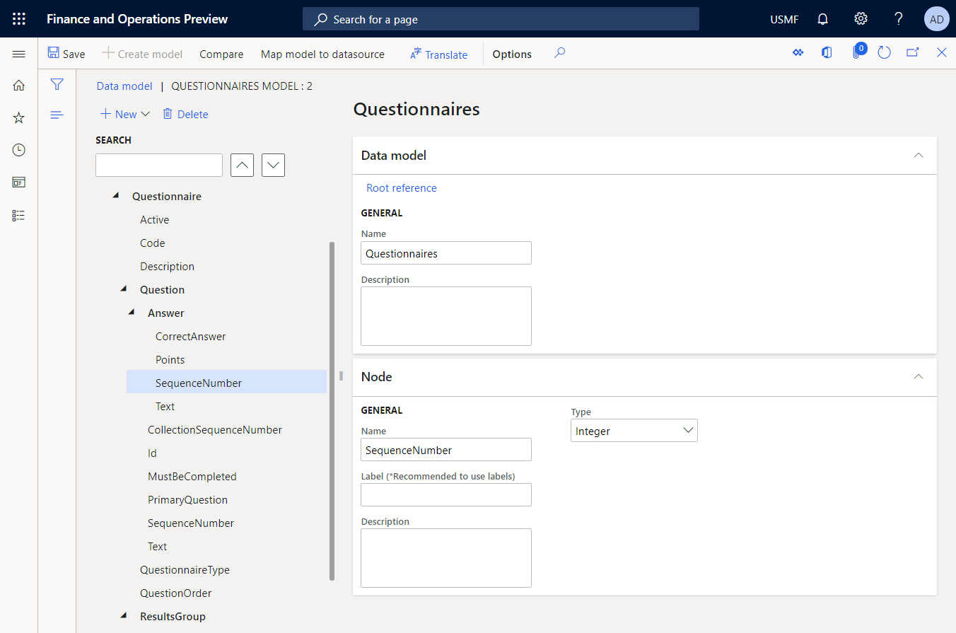 Modello di dati configurato nella finestra di progettazione modello di dati ER.